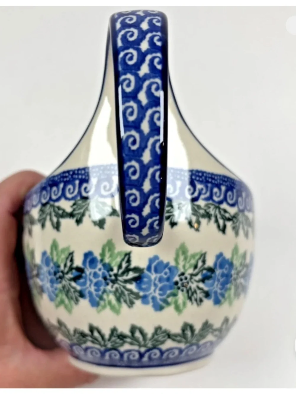 Polish Pottery Soup Bowl Loop Handle Cobalt Blue Green Floral Leaf Boleslawiec